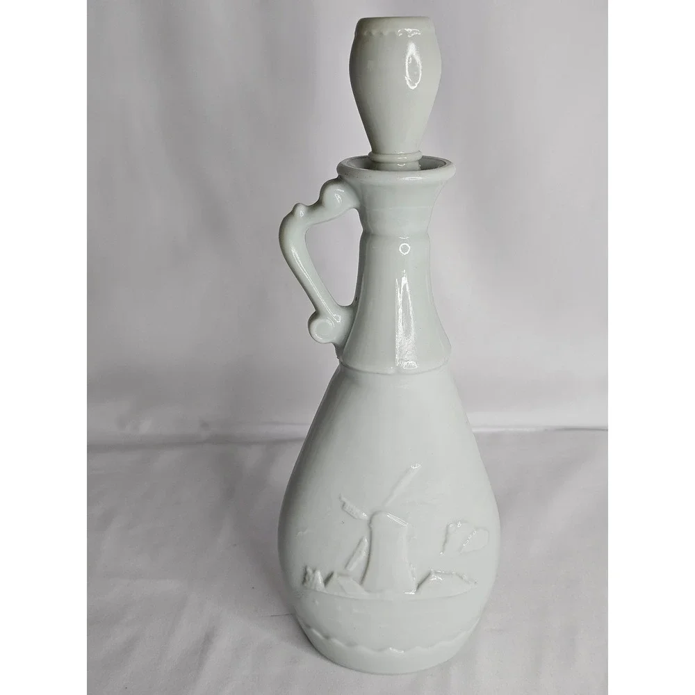 Vintage Milk Glass Ship Decanter Nautical Blue Sailing Boat Windmill Stopper